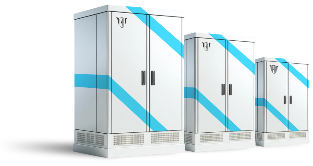 Render of the three sizes of Charge Armour safe lithium ion battery charging cabinets